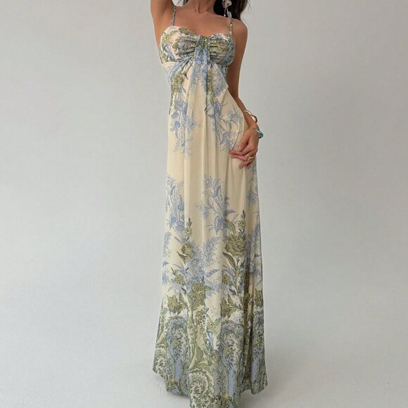 Apricot Elegant Women's Loose Floral Print Spaghetti Strap Maxi Dress